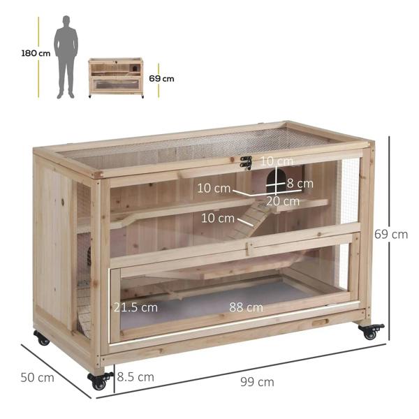 Natural wood 3-tier hamster cage with wire side panels, front ramp, and rolling casters