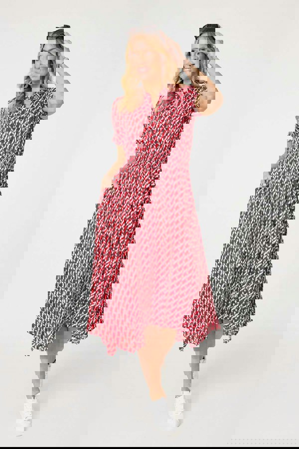 Red | Geo Print Hanky Hem Midi Dress