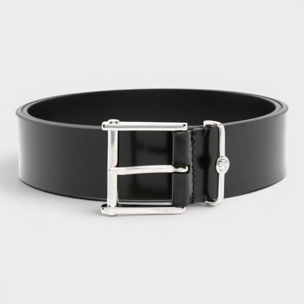 Versace Logo Belt Calf Leather Black Silver