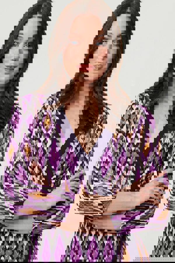 Purple | Geo Print 3/4 Sleeve Wrap Midi Dress