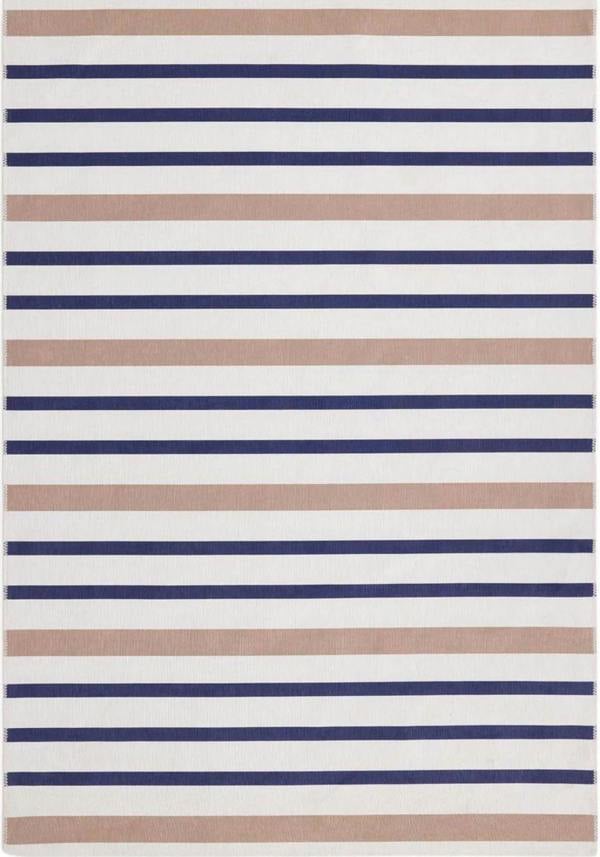 Striped rug with blue and beige stripes on a white background