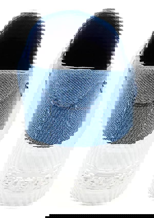 Rocket Dog Cheeryful Womens Slip On Casual Trainers Shoe, rear view of a blue denim slip-on sneaker with white sole and Rocket Dog branding.