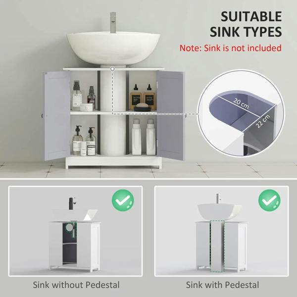 Under-sink cabinet with open shelf and drain hole, grey interior, and white frame