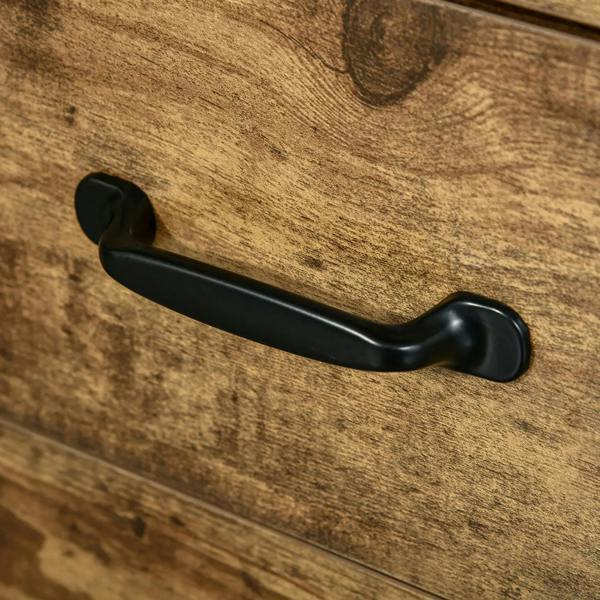 Black curved drawer pull on rustic brown three-drawer file cabinet