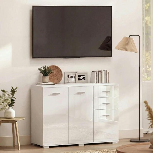Sideboard, Modern Storage Cabinet with 2 Drawers, 3 Doors and Adjustable Shelves, High Gloss White