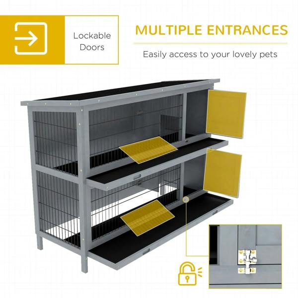 Grey rabbit hutch with multiple lockable doors and slide-out trays, two-tier design