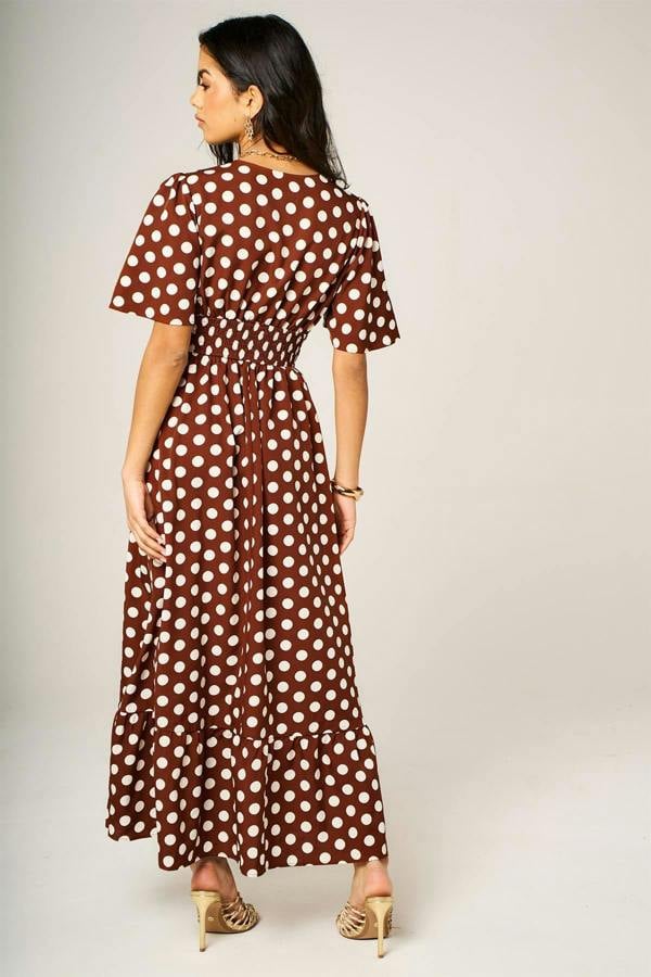 FS Collection Dot Print Angel Sleeve V Neck Frill Hem Midi Dress In Brown