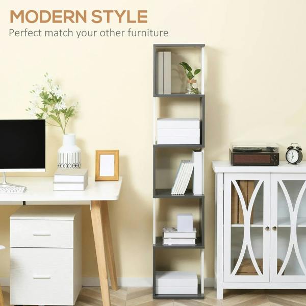 White and dark gray tall bookcase with open shelves, freestanding