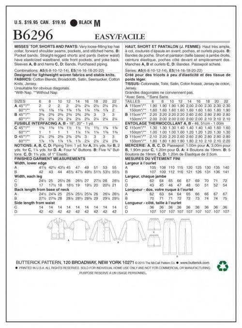 Butterick Sewing Pattern 6296, Trousers, Pyjamas, Shorts, Tops for Women, A5 (6-8-10-12-14) - Easy