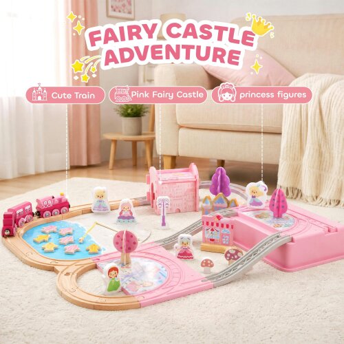 AIYAPLAY Wooden Train Set, Castle Railway Toy Gift for Girls Ages 36M+