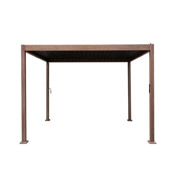 Wood effect aluminium pergola in brown, 3m x 3m, featuring a sleek, modern design with horizontal slats and sturdy posts