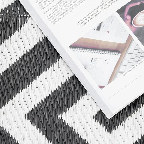 Reversible woven rug mat corner showing black-and-white texture and layered edges