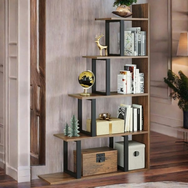 Rafaelo Mobilia 5 Tier Stepped Book Shelf Industrial Rustic Brown