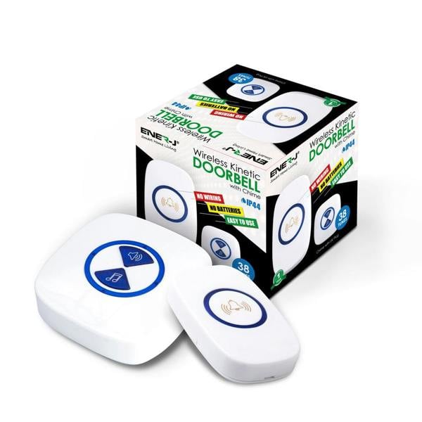 ENER-J Wireless Kinetic Doorbell, Battery Free Self Powered Door Bell with Plug In Receiver, 38 Melodies, IP44 Waterproof, White