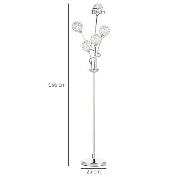 Tall silver crystal floor lamp with five round crystal ball shades and round base