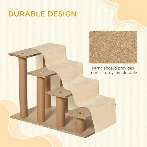 Beige four-step pet stairs with plush cover and sturdy panel frame base
