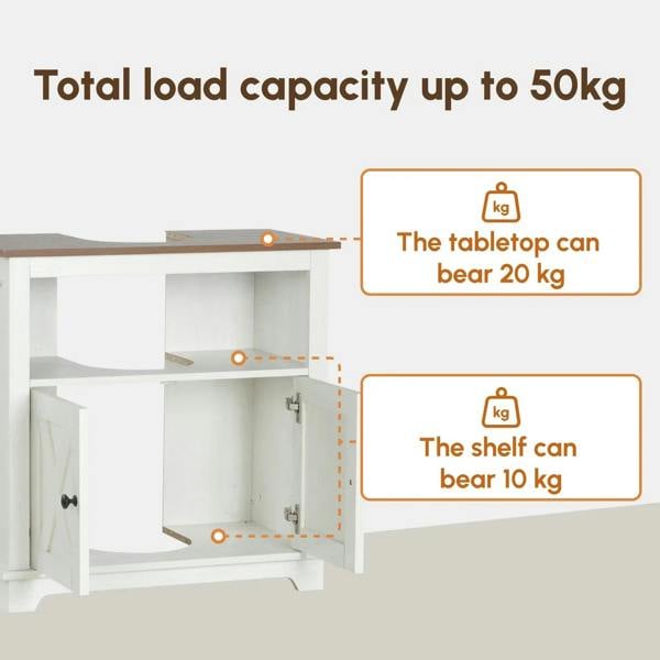 White under-sink cabinet with open door and storage compartment; loading capacity shown