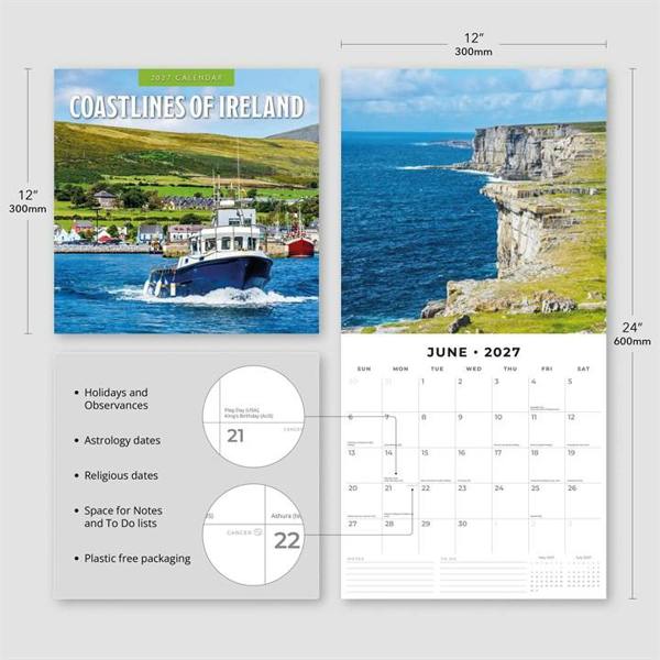 Coastlines Of Ireland Calendar 2027, Wall Calendars, Month To View, Travel, Gift