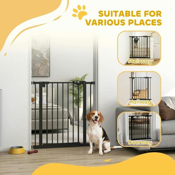 Black safety gate shown for doorway, hallway, and stairway use with icons.