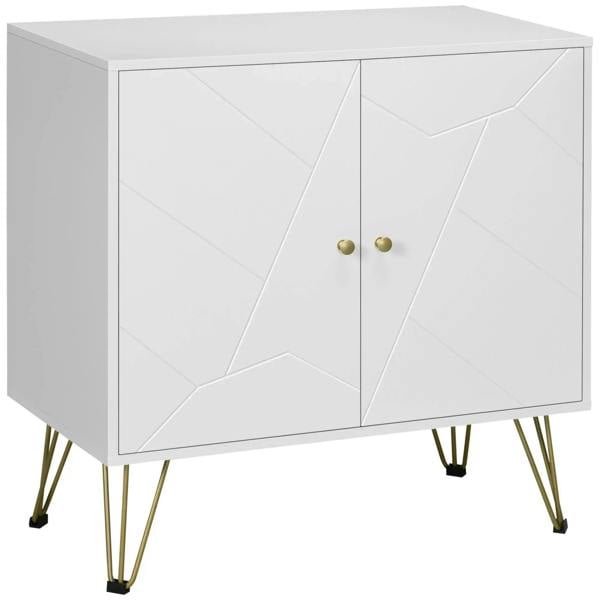 White slim sideboard cabinet with two doors, geometric panels, and brass hairpin legs