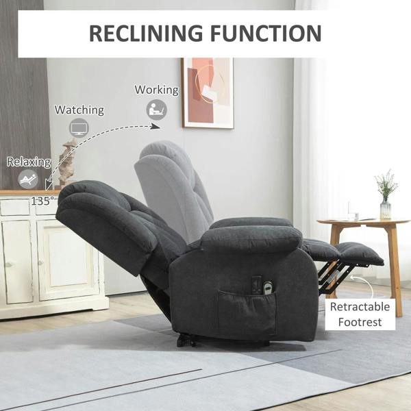 Dark grey recliner chair with retractable footrest and side control pocket