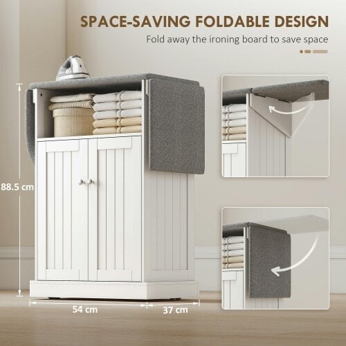 HOMCOM Ironing Board Cabinet on Wheels with Foldable Top, White