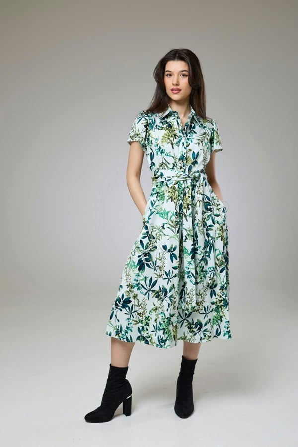 Isha's Timeless collection Flourish Green Flora Short Sleeve Shirt Dress