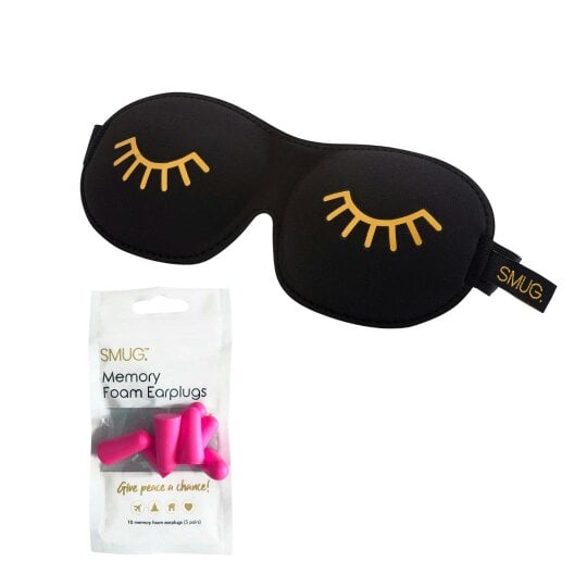 SMUG Contoured 3D Blackout Sleep Mask - Wink Print, Black - Sleep Mask & Pink Earplugs