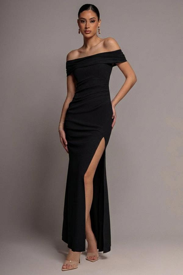 Off The Shoulder Maxi Dress With Split - Black DR1878