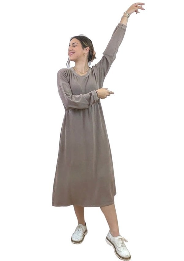 Frock Tales Rustic Midi Dress with Long Sleeves - Cool Mocha