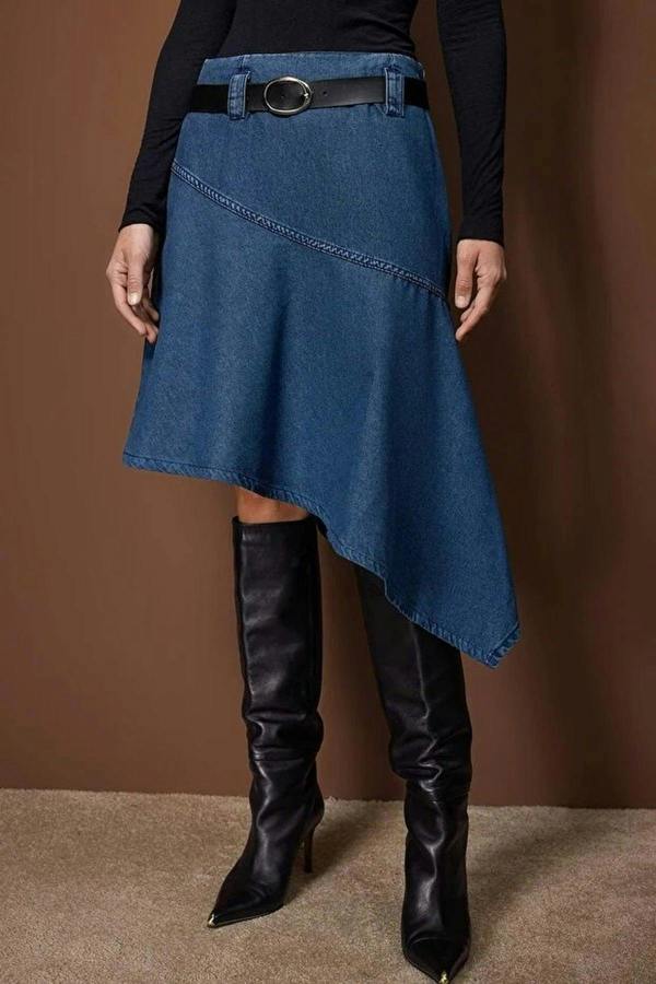WOVCOR Belted Asymmetrical Midi Denim Skirt