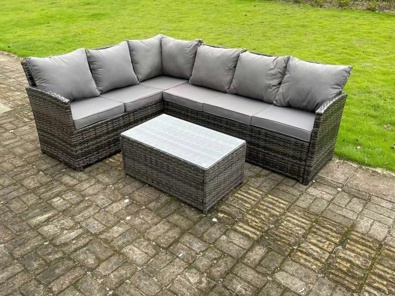 Fimous High Back Dark Mixed Grey Rattan Corner Sofa Set Outdoor Furniture Rectangular Coffee Table 6 Seater