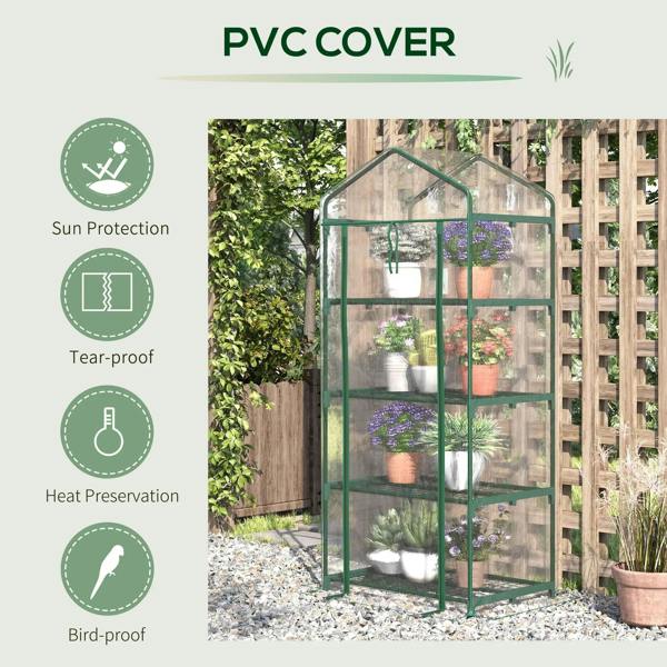 Mini greenhouse with transparent PVC cover and green frame for plant protection