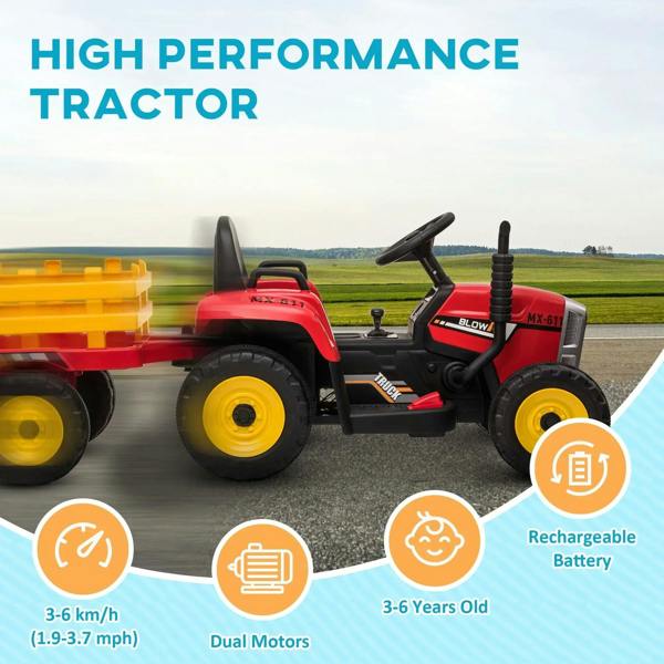 Red ride-on tractor with detachable yellow trailer on a paved path, headlights on
