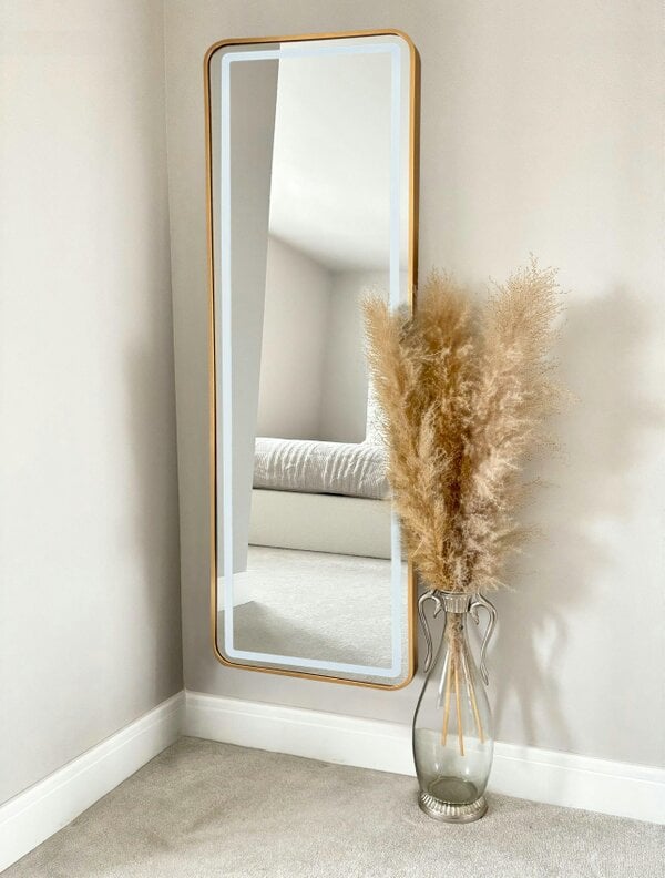 Downton Interiors Stunning Gold Rectangular Metal Frame LED Wall or Floor Standing Dressing Mirror 145cm x 45cm - Soho Collection