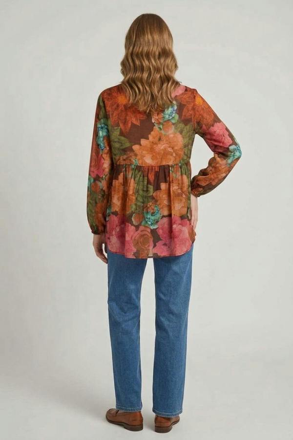 Brown | Floral Long Sleeve Relaxed V-Neck Blouse