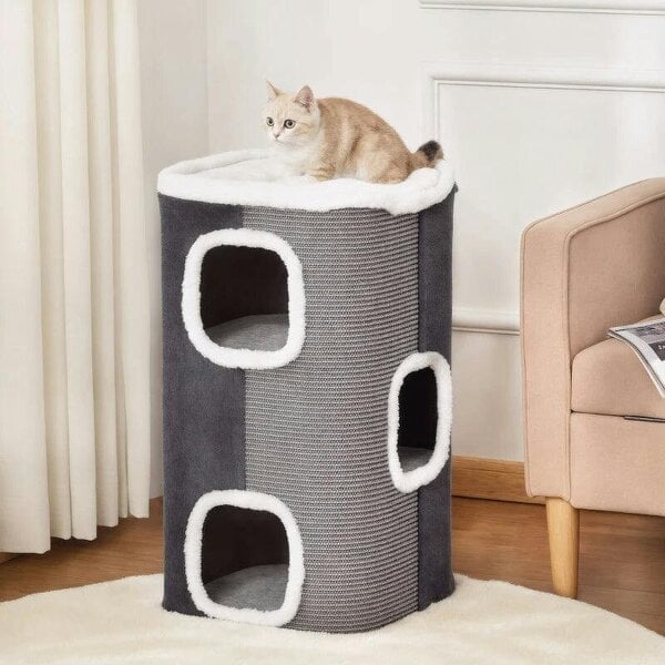Cat Barrel Scratching Post Cat Tree for Indoor Cats Kitten Climbing Frame Pet Play Tower Soft Plush & Lamb Fleece Grey - Grey
