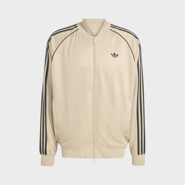 Supplied Fashion beige and black loose track top with iconic three stripes and embroidered trefoil logo