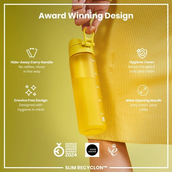 A yellow water bottle is being held; it features a hide-away handle, hygiene cover, and wide mouth. Award-winning design, German Design Award Winner 2024, Good Design, and Slim Recyclon™ are noted.