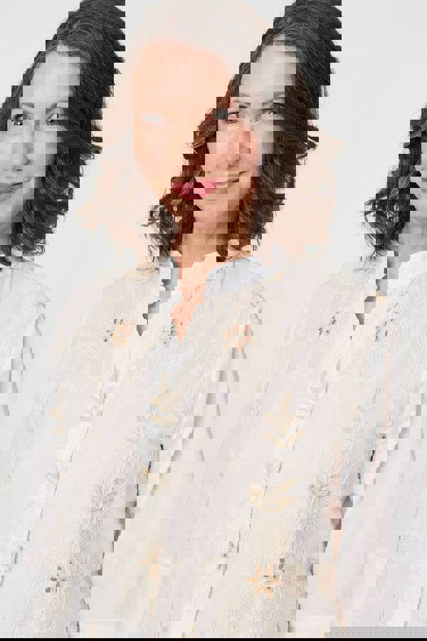 White | Floral Embroidered Texture V-Neck Blouse
