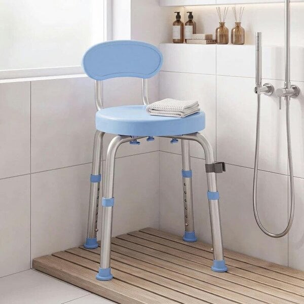 360° Swivel Shower Stool with Aluminium Frame, 5-Level Adjustable Height, Backrest, Non-Slip Shower Chair for Elderly - Light Blue