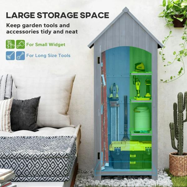 Grey garden storage shed with tilt roof and open door, showing stacked tools inside