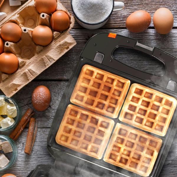 Duronic WM60 Non Stick 4 Square Belgian Waffle Maker with Removable Plates for Croffles & American Style Waffles
