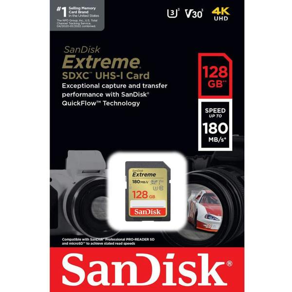 SanDisk Extreme SDXC card 180MBs UHSI U3 V30 128GB