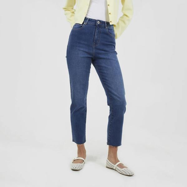 Brave Soul Mid Blue High Waist Raw Hem Mom Jeans - Mid Blue Image 1