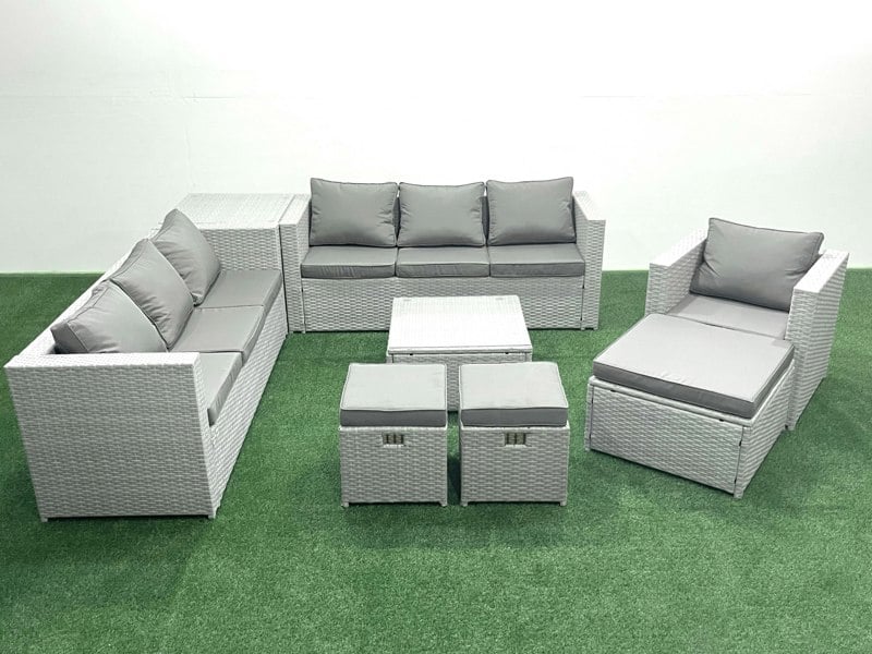 Fimous Wicker PE Rattan Sofa Garden Furniture Set with Armchair Square Coffee Table 3 Footstools Side Table Light Grey Mixed