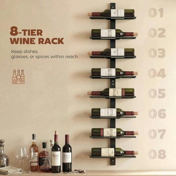 Wall Mounted Wine Rack, 8 Tier Metal Wine Display Rack, Storage Holder for Kitchen, Black