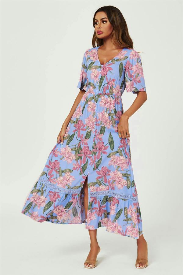 FS Collection Floral Print Lace Detail Maxi Dress In Blue
