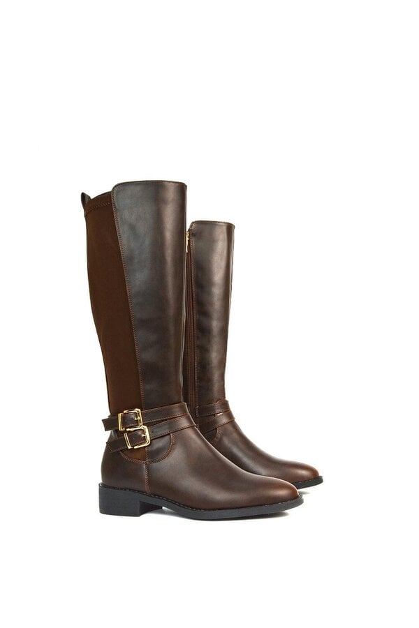 XY LONDON Flat Heel Zip Up Knee High Stretchy Boots With Buckle