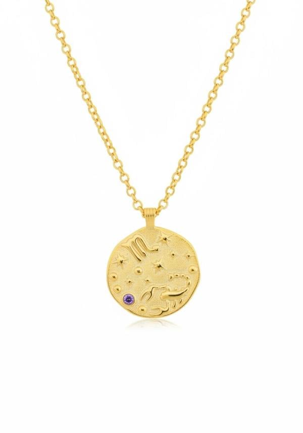 Gold necklace with a zodiac pendant on a white background